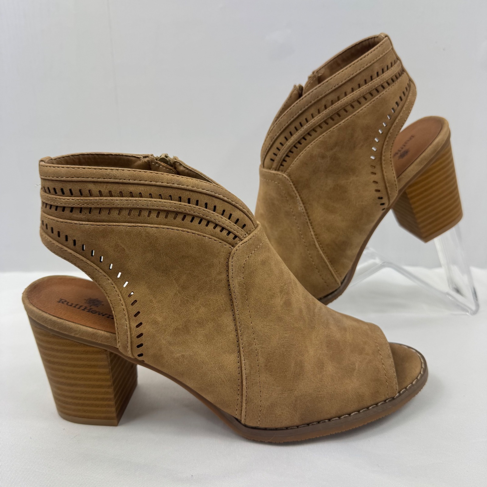 Ruff Hewn Peyton Womens Tan Brown Laser Cut Peep Toe Block Heel Booties Size 9m